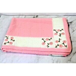 Vintage Baby Blanket Pink Flowers White Beautiful Intricate Knit